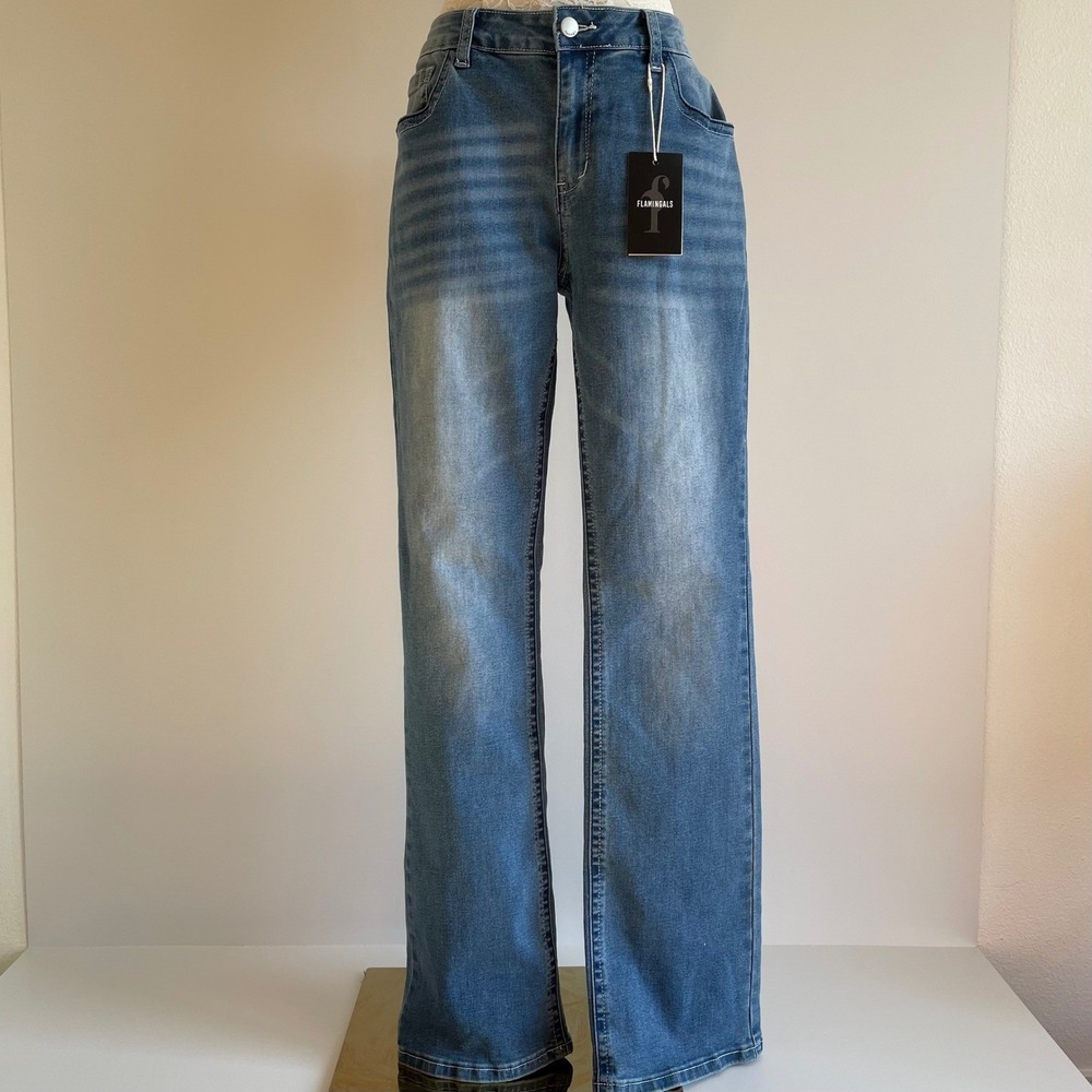 Nwt Flamingals Womens XL‎ Wide Leg Flare Jeans Medium Wash Embroidered Pockets